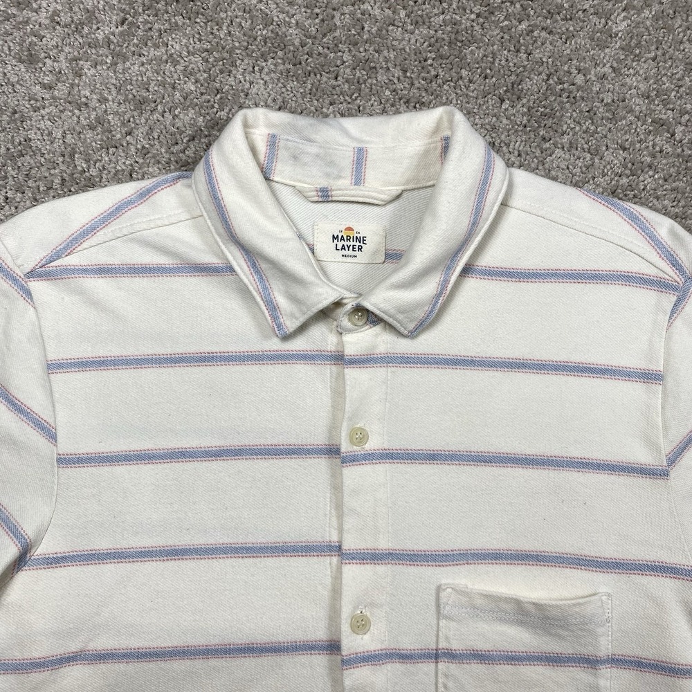 Marine Layer‎ Mens Medium Short Sleeve Button Up Shirt Cream Blue Red Striped